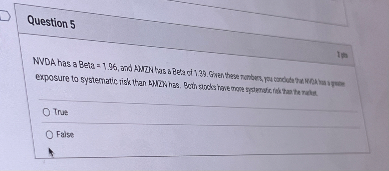 Question 5 NVDA has a Beta = 1 . 9 6 , and AMZN