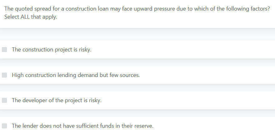 The quoted spread for a construction loan may