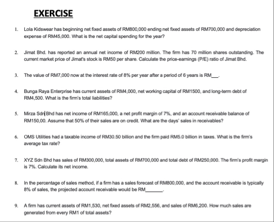 EXERCISE Lola Kidswear has beginning net fixed