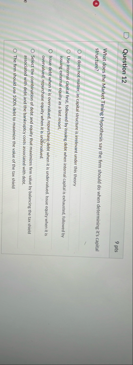 Question 1 2 9 pts What does the Market Timing