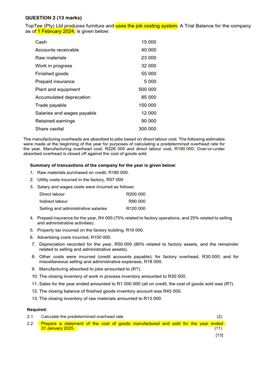 QUESTION 2 ( 1 3 marks ) TopTee ( Pty ) Ltd