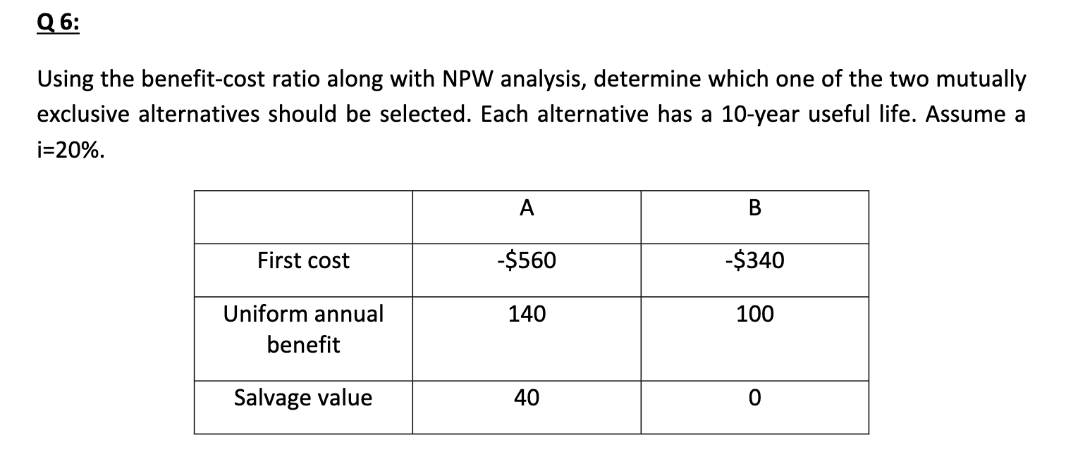 Q 6 : Using the benefit - cost ratio along with