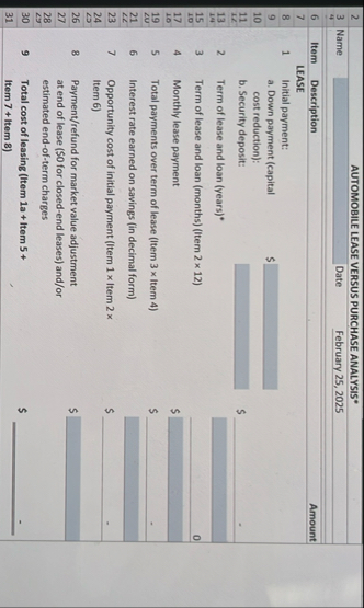 ( f ) Lease vs . Purchase Vehicle Decision Due: