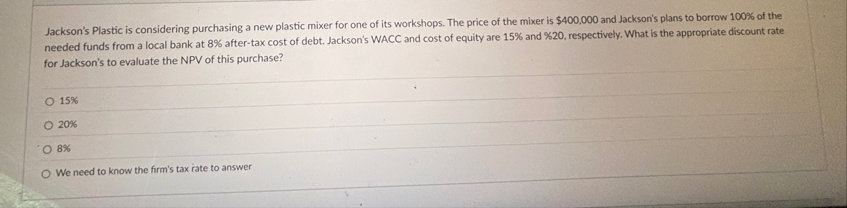 Jackson's Plastic is considering purchasing a new
