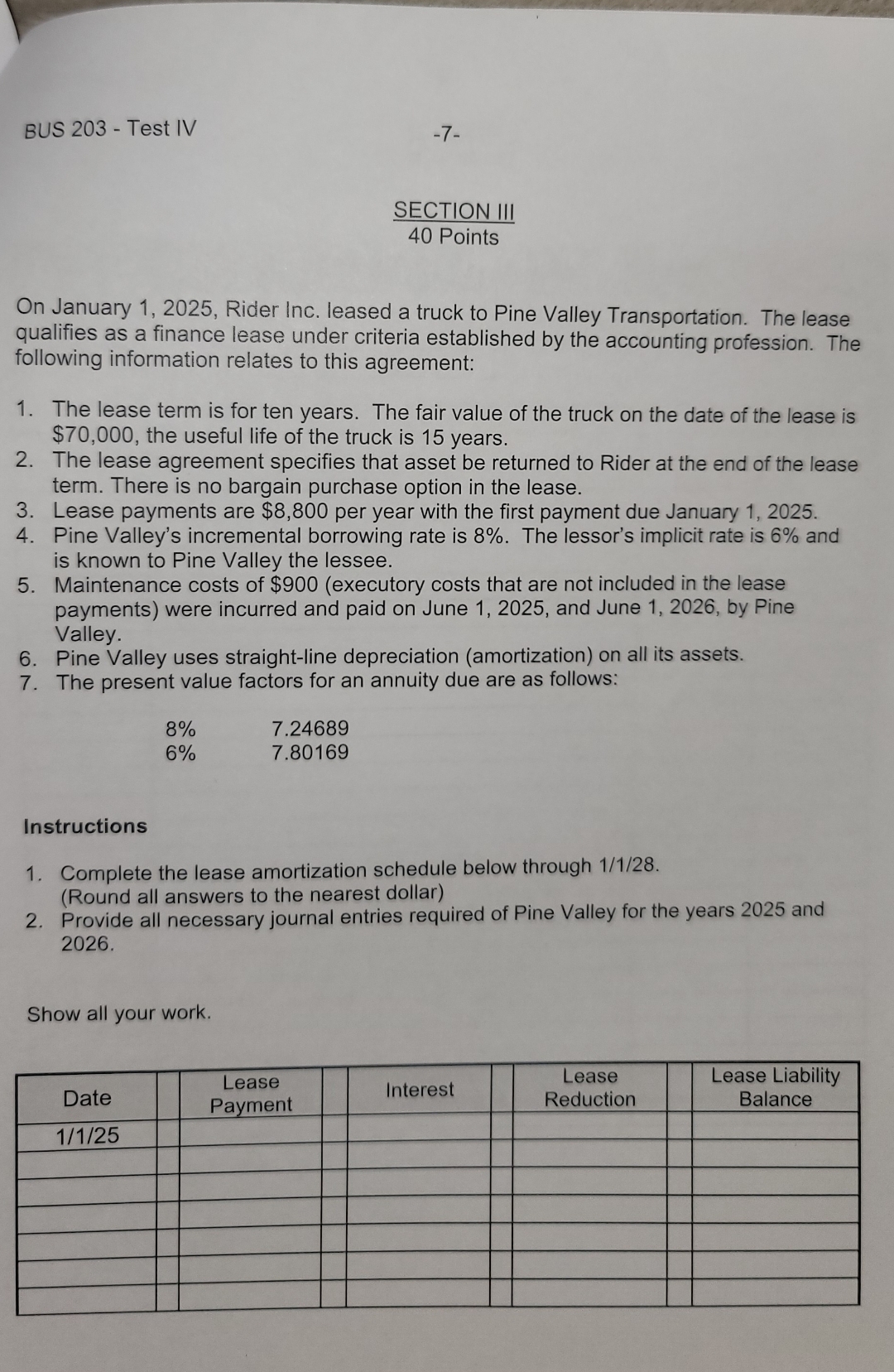 BUS 2 0 3 - Test IV - 7 - SECTION III 4 0 Points
