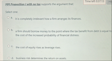 Time left 0 - 3 7 : 1 3 MM Proposition I with no
