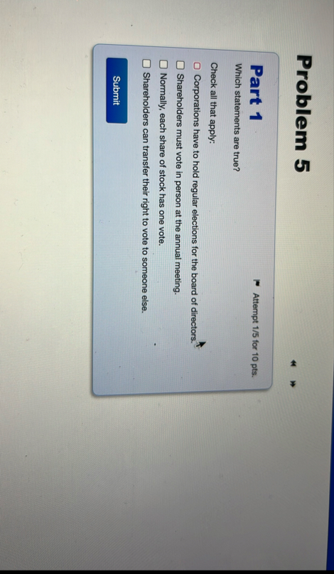 Problem 5 Part 1 Attempt 1 5 for 1 0 pts . Which