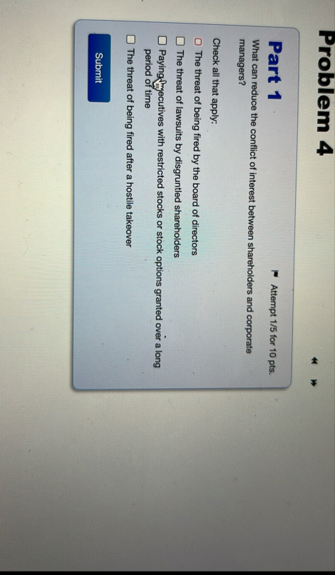 Problem 4 Part 1 Attempt 1 5 for 1 0 pts . What