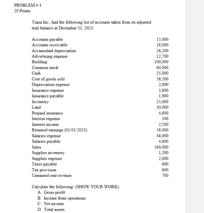 PROBLEM \ # 4 2 0 Points Tiana Inc., had the