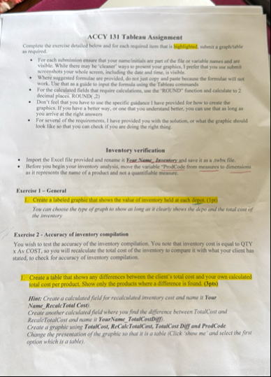 ACCY 1 3 1 Tablean Assignment as required. For