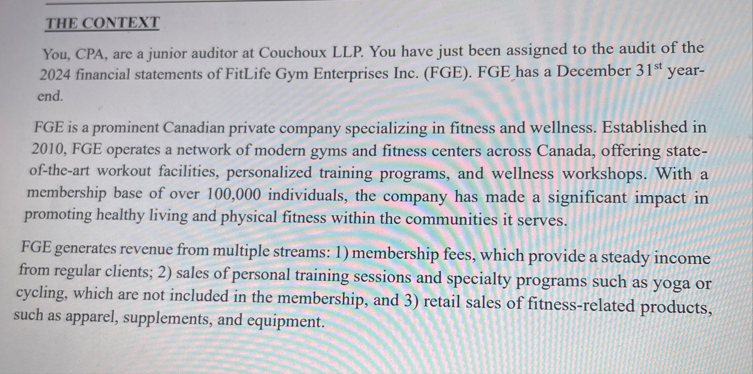 THE CONTEXT You, CPA, are a junior auditor at