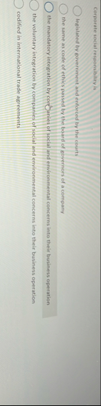 Corgorate social responsibiaty is Iegislated by