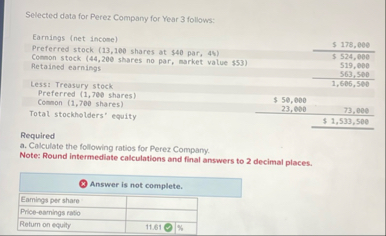 Selected data for Perez Company for Year 3