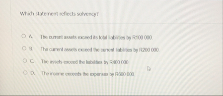 Which statement reflects solvency? A . The