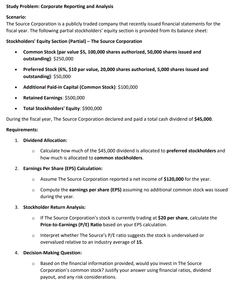 Study Problem: Corporate Reporting and Analysis