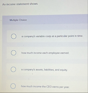 An income statement shows Multiple Choice a