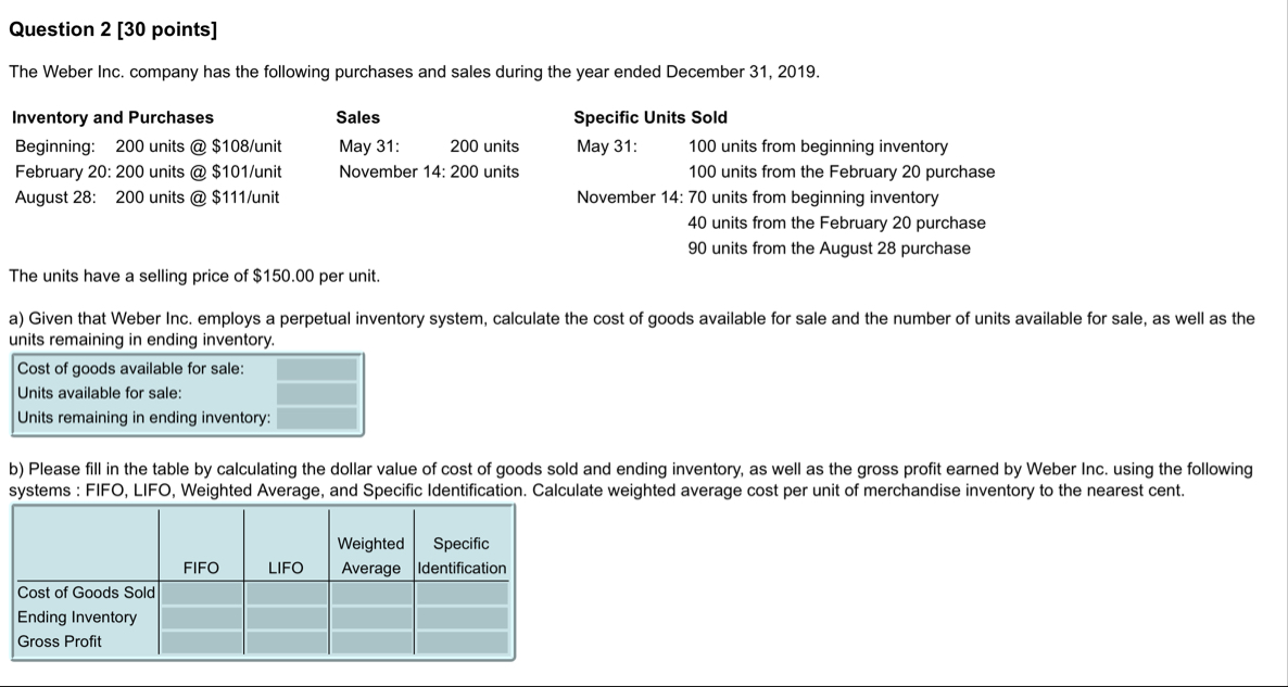 Question 2 [ 3 0 points ] The Weber Inc. company