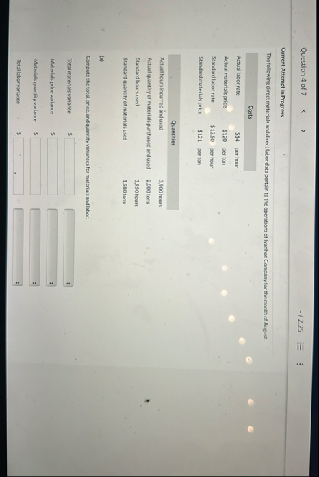 Question 4 of 7 - 2 . 2 5 Current Attempt in