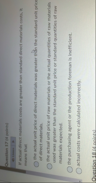 Question 1 7 ( 4 points ) If actual direct