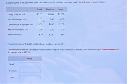 Cullumber, Inc, produces three types of balloors