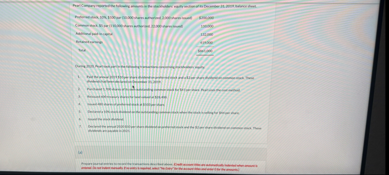 Pearl Company reported the following amounts in