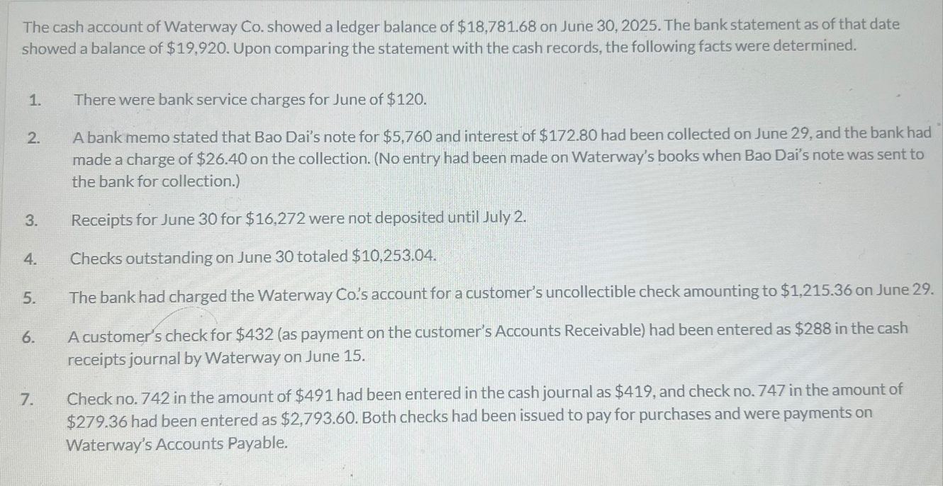 The cash account of Waterway Co . showed a ledger