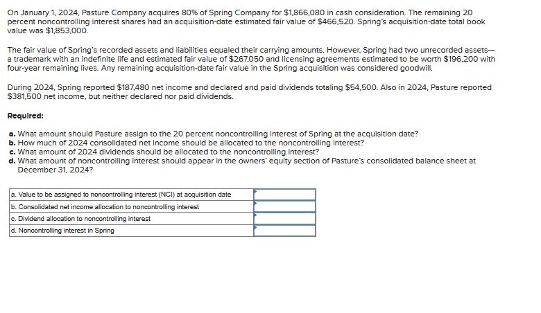 On January 1 , 2 0 2 4 , Pasture Company acquires