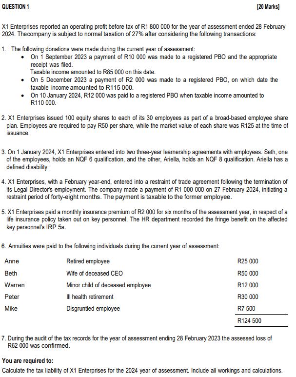 QUESTION 1 [ 2 0 Marks ] X 1 Enterprises reported