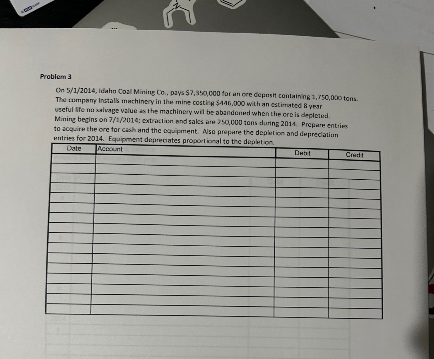 Problem 3 On 5 / 1 / 2 0 1 4 , Idaho Coal Mining