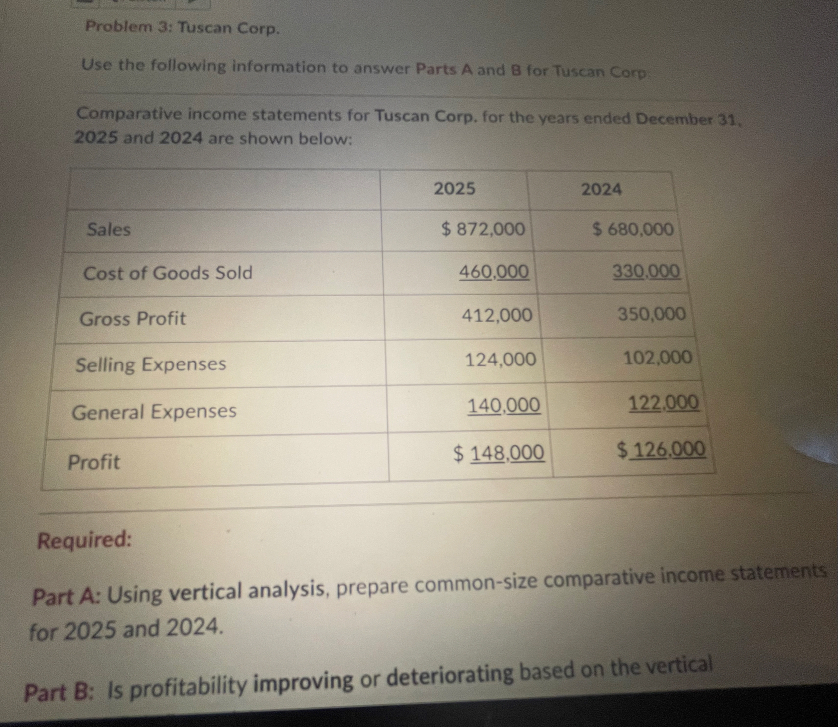 Problem 3 : Tuscan Corp. Use the following