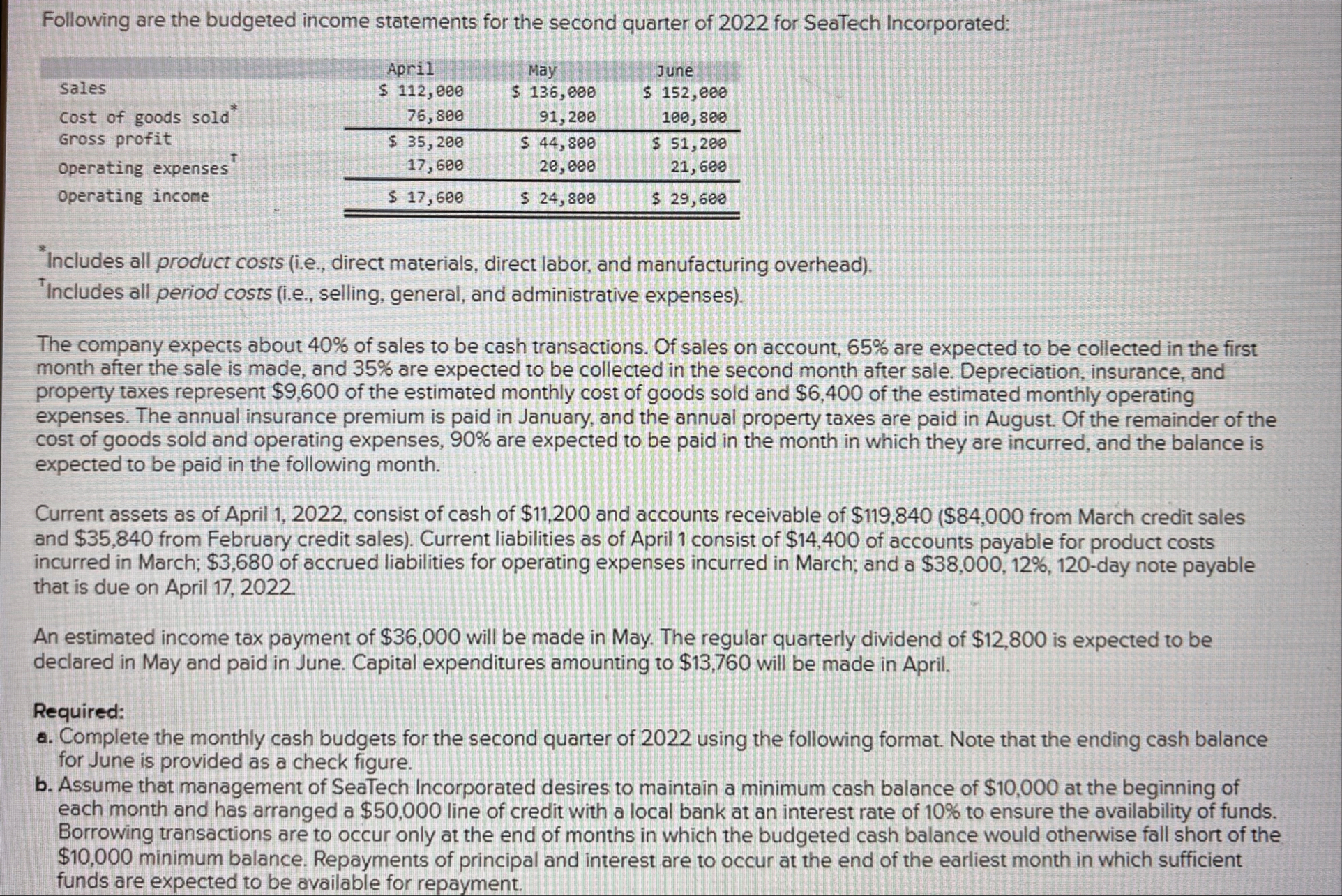 Required A Complete the monthly cash budgets for