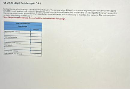 ( 1 3 ) OS 2 0 - 2 3 ( Algo ) Cash budget LO P 2