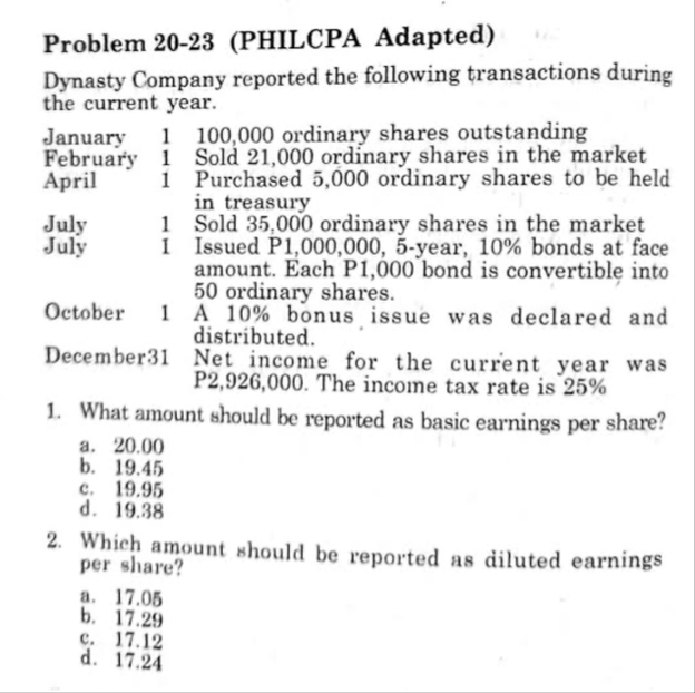 Problem 2 0 - 2 3 ( PHILCPA Adapted ) Dynasty