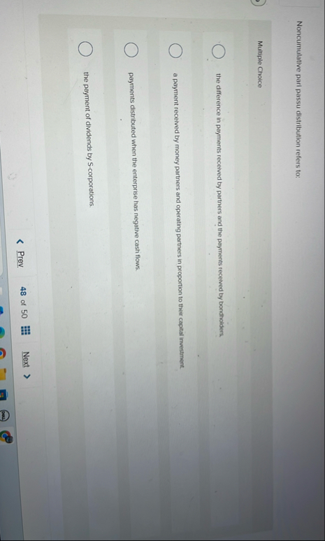Noncumulative pari passu distribution refers to: