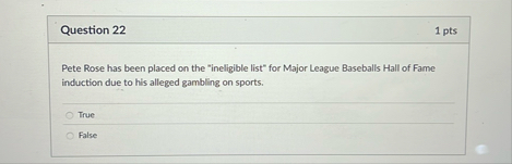 Question 2 2 1 pts Pete Rose has been placed on