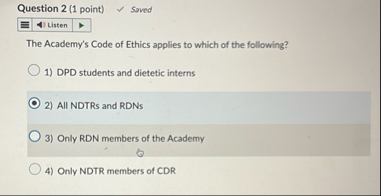 Question 2 ( 1 point ) Saved The Academy's Code