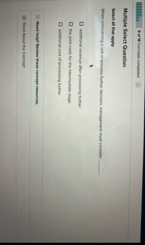 9 of 1 6 Concepts completed Multiple Select