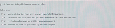 A hotel's Accounts Payable balance increases when