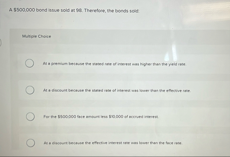 A $ 5 0 0 , 0 0 0 bond issue sold at 9 8 .