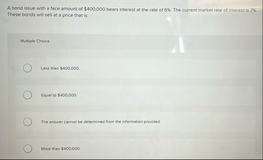A bond issue with a face amount of $ 4 0 0 , 0 0