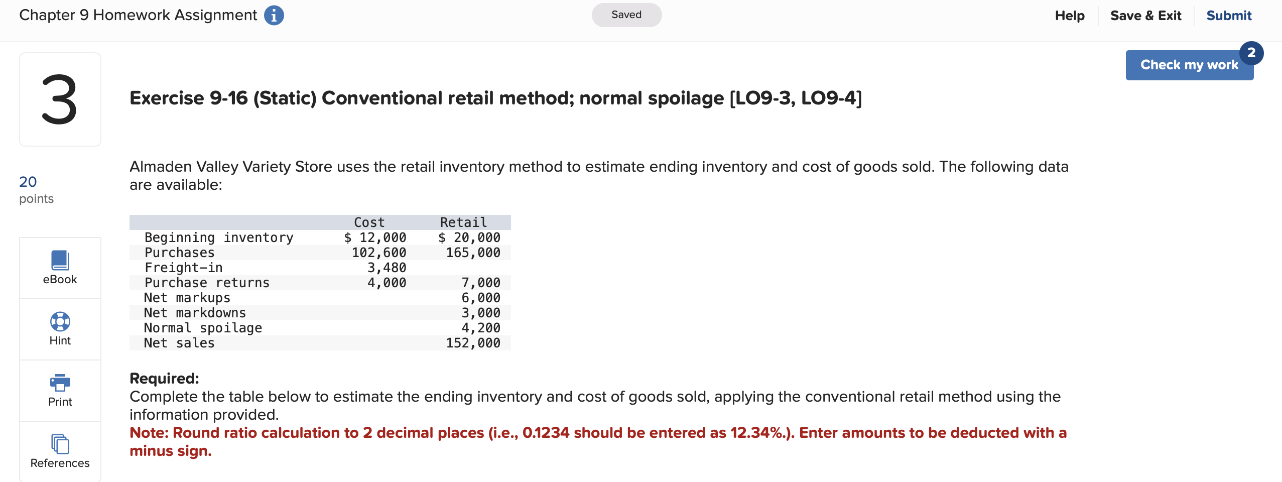 Exercise 9 - 1 6 ( Static ) Conventional retail