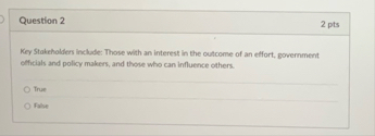 Question 2 2 pts Key Stakeholders include: Those