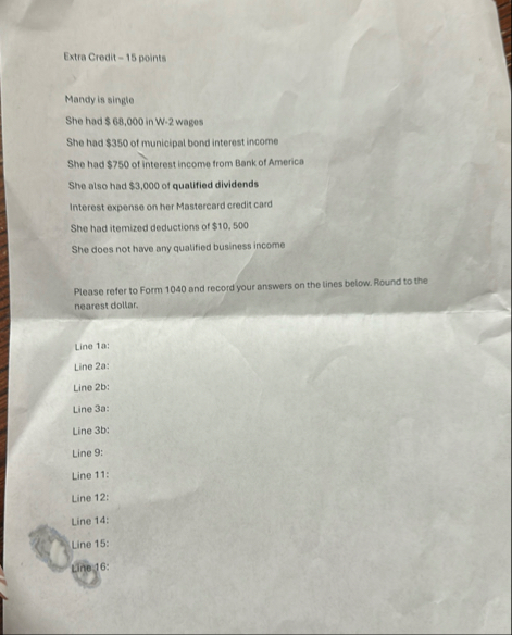 Extra Credit = 1 5 points Mandy is single She had