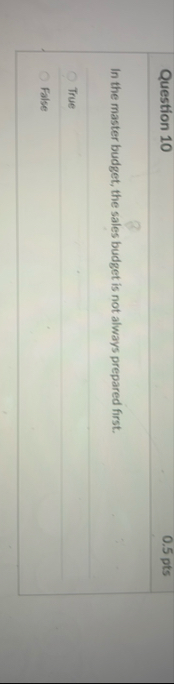 Question 1 0 0 . 5 pts In the master budget, the