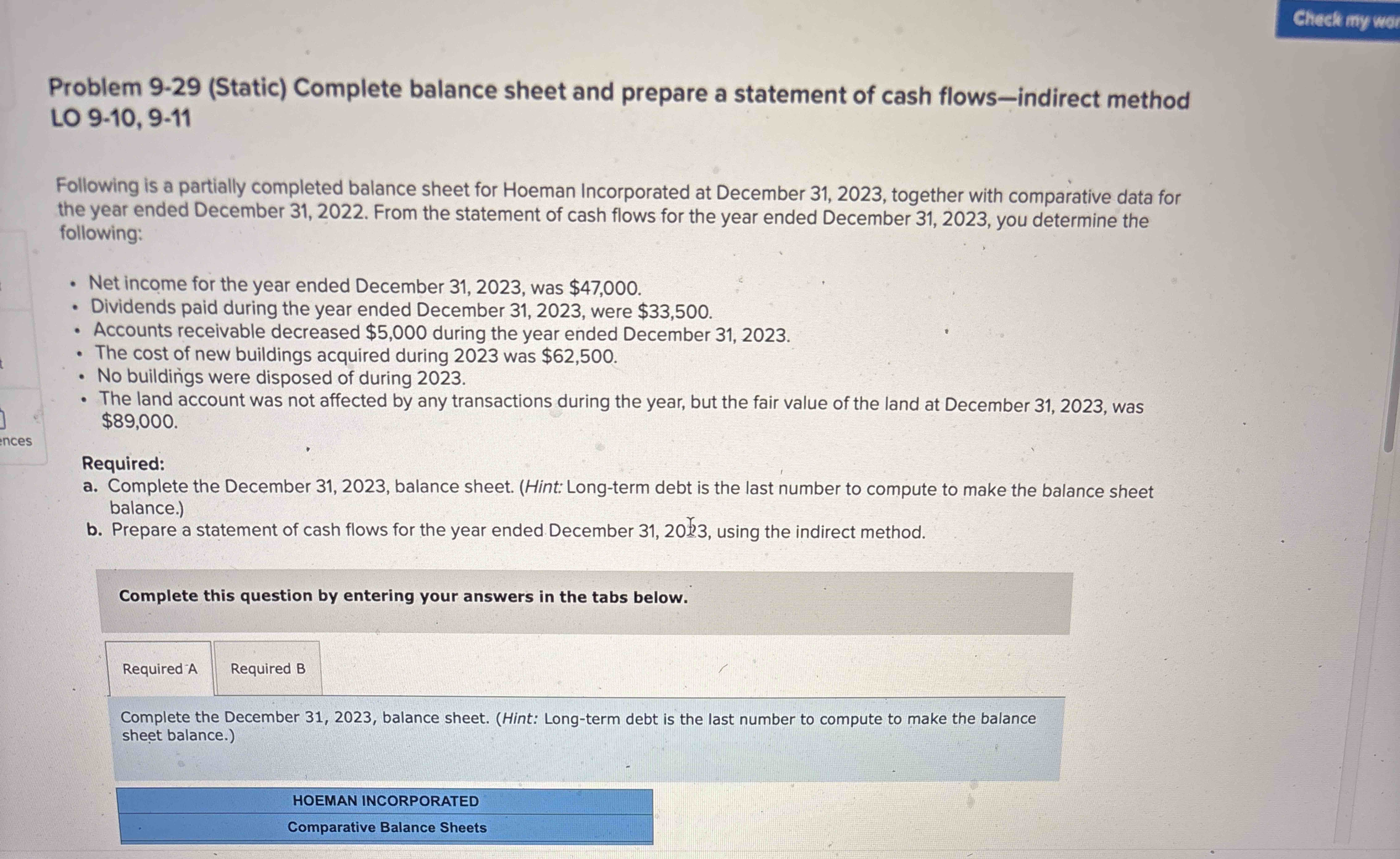 Problem 9 - 2 9 ( Static ) Complete balance sheet