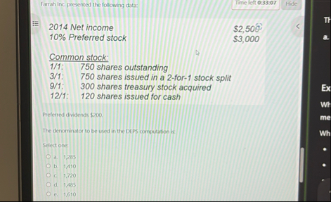Farrah Inc. presented the following data: Time