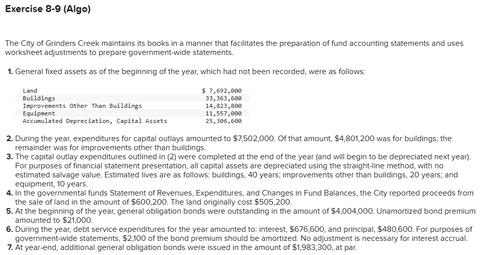 Exercise 8 - 9 ( Algo ) : Required: Prepare the