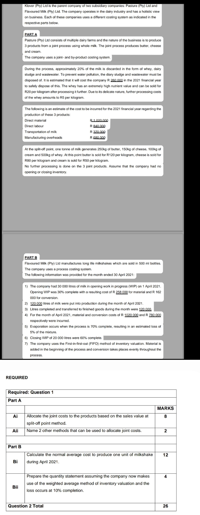 Question 1 Klover ( Pty ) Ltd is the parent