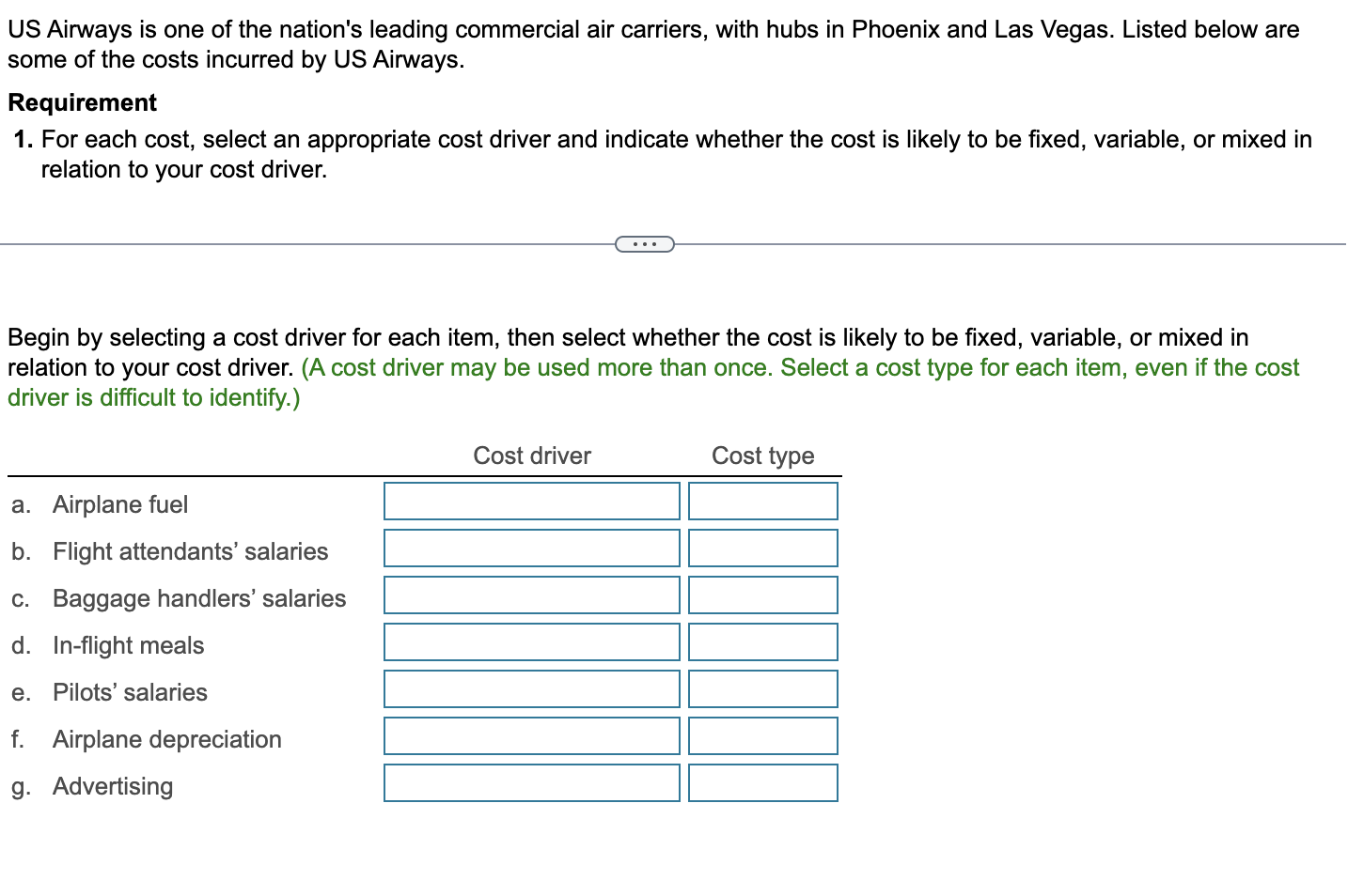 Begin by selecting a cost driver for each item,