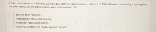 A debit memo states that 1 0 items, valued at $ 5